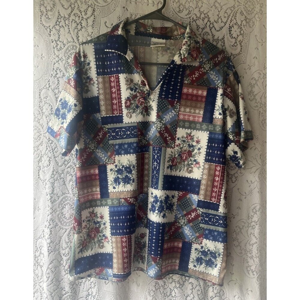 Haband For Her Vtg Floral Top Blouse Roses Short Sleeve Shirt 100%‎ Polyester